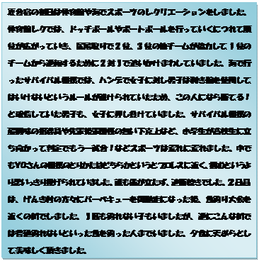 �e�L�X�g �{�b�N�X: �č��h�̏����͑̈�ق�C�ŃX�|�[�c�̃��N���G�[�V���������܂����B�̈�ك��N�ł́A�h�b�`�{�[����|�[�g�{�[�����s���Ă����ɂ�ď��ʂ��L�����Ă����A�K������2�ʁA3�ʂ̑��`�[�������͂���1�ʂ̃`�[������t�]���邽�߂�2�΂P�Œǂ������܂킵�Ă��܂����B�C�ōs�����T�o�C�o�����o�ł́A�n���f�ŏ��q�ɑ΂��j�q�͗����r���g�p���Ă͂����Ȃ��Ƃ������[�����݂����Ă������߁A���̐l�ɂȂ珟�Ă�I�Ɗm�M���Ă����j�q���A���q�ɉ��������Ă��܂����B�T�o�C�o�����o�̑�햡�̎w�������y��y�֌W�̖���������ȂǁA���w�������Z���ɗ����������Ĕ���ł����ꎎ���I�ȂǃX�|�[�c�͍r��ɍr��܂����B���ł��x�n����̑��o�̂Ƃ肩���͂ǂ��炩�Ƃ����ƃv�����X�ɋ߂��A�͂ނƂ������v�������蓊�����Ă��܂����B�N�������������A�A�������ł����B�Q���ڂ́A���񂫑��̕��X�Ƀo�[�x�L���[����y���ɂȂ�����A���ނ�����߂��̐�ł��܂����B�P�C���ނ�Ȃ��q�����܂������A�t�ɂ���Ȑ�ł͕��ʒނ�Ȃ��Ƃ���������ނ����l�܂ł��܂����B�[�H�ɓV�Ղ�Ƃ��Ĕ������������܂����B