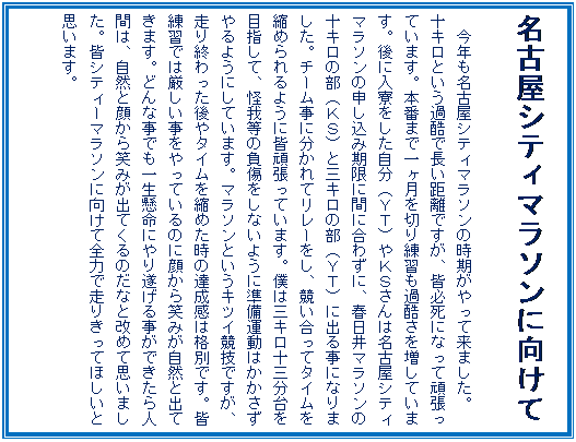 �e�L�X�g �{�b�N�X: ���É��V�e�B�}���\���Ɍ�����

���N�����É��V�e�B�}���\���̎���������ė��܂����B
�\�L���Ƃ����ߍ��Œ��������ł����A�F�K���ɂȂ��Ċ撣���Ă��܂��B�{�Ԃ܂ňꃖ����؂���K���ߍ����𑝂��Ă��܂��B��ɓ��������������i�x�s�j��j�r����͖��É��V�e�B�}���\���̐\�����݊����ɊԂɍ��킸�ɁA�t����}���\���̏\�L���̕��i�j�r�j�ƎO�L���̕��i�x�s�j�ɏo�鎖�ɂȂ�܂����B�`�[�����ɕ�����ă����[�����A���������ă^�C�����k�߂���悤�ɊF�撣���Ă��܂��B�l�͎O�L���\�O�����ڎw���āA���䓙�̕��������Ȃ��悤�ɏ����^���͂����������悤�ɂ��Ă��܂��B�}���\���Ƃ����L�c�C���Z�ł����A����I��������^�C�����k�߂����̒B�����͊i�ʂł��B�F���K�ł͌�������������Ă���̂Ɋ炩��΂݂����R�Əo�Ă��܂��B�ǂ�Ȏ��ł��ꐶ�����ɂ�萋���鎖���ł�����l�Ԃ́A���R�Ɗ炩��΂݂��o�Ă���̂��ȂƉ��߂Ďv���܂����B�F�V�e�B�[�}���\���Ɍ����đS�͂ő��肫���Ăق����Ǝv���܂��B
