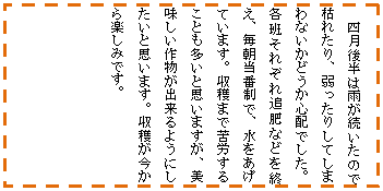 �e�L�X�g �{�b�N�X: �l���㔼�͉J���������̂Ō͂ꂽ��A������肵�Ă��܂�Ȃ����ǂ����S�z�ł����B�e�ǂ��ꂼ��ǔ�Ȃǂ��I���A�������Ԑ��ŁA���������Ă��܂��B���n�܂ŋ�J���邱�Ƃ������Ǝv���܂����A���������앨���o����悤�ɂ������Ǝv���܂��B���n��������y���݂ł��B