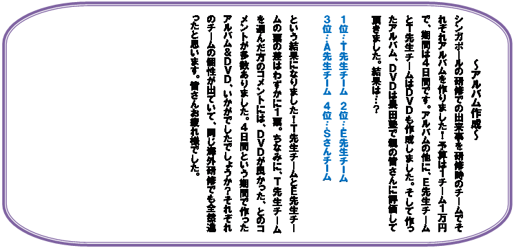 �p�ێl�p�`�����o��: �`�A���o���쐬�`
�V���K�|�[���̌��C�ł̏o���������C���̃`�[���ł��ꂼ��A���o�������܂����I�\�Z�͂P�`�[���P���~�ŁA���Ԃ͂S���Ԃł��B�A���o���̑��ɁA�d�搶�`�[���Ƃs�搶�`�[���͂c�u�c���쐬���܂����B�����č�����A���o���A�c�u�c�͒��c�m�Őe�̊F����ɕ]�����Ē����܂����B���ʂ́c�H

�P�ʁc�s�搶�`�[���@�Q�ʁc�d�搶�`�[��
�R�ʁc�`�搶�`�[���@�S�ʁc�r����`�[��

�Ƃ������ʂɂȂ�܂����I�s�搶�`�[���Ƃd�搶�`�[���̕[�̍��͂킸���ɂP�[�B���Ȃ݂ɁA�s�搶�`�[����I�񂾕��̃R�����g�ɂ́A�c�u�c���ǂ������A�Ƃ̃R�����g����������܂����B�S���ԂƂ������Ԃō�����A���o�����c�u�c�A�������ł����ł��傤���H���ꂼ��̃`�[���̌����o�Ă��āA�����C�O���C�ł��S�R������Ǝv���܂��B�F���񂨔��l�ł����B

