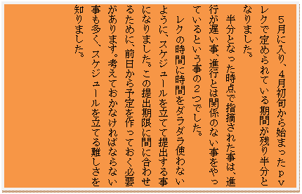 �e�L�X�g �{�b�N�X: �@�T���ɓ���A�S�����{����n�܂����������N�Œ�߂��Ă�����Ԃ��c�蔼���ƂȂ�܂����B
�@�����ƂȂ������_�Ŏw�E���ꂽ���́A�i�s���x�����A�i�s�Ƃ͊֌W�̂Ȃ���������Ă���Ƃ������̂Q�ł����B
�@���N�̎��ԂɎ��Ԃ��_���_���g��Ȃ��悤�ɁA�X�P�W���[���𗧂ĂĒ�o���鎖�ɂȂ�܂����B���̒�o�����ɊԂɍ��킹�邽�߂ɁA�O������\�������Ă����K�v������܂��B�l���Ă����Ȃ���΂Ȃ�Ȃ����������A�X�P�W���[���𗧂Ă�����m��܂����B
