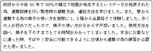 �e�L�X�g �{�b�N�X: ���{���獡��30�N��88���̊m���Œn�k����������Ƃ����f�[�^�����\���ꂽ�ׁA���P�����s���ً}���̔����@�A�A�����@���w�т܂����B�܂��A���������ׂ̒�q�̎g���������ۂ�1�C2�K����S���~��đ̌����܂����B�����̐l�����߂Ă������̂ŁA��q�̎g�����������炸�˘f���܂����B�g�p���@�𒲂ׁA��q�����낷�܂łƂĂ����Ԃ��������Ă��܂��܂����B�{���ɍЊQ�Ȃǂɑ��������A���΂₭���S�ɍs���ł���悤�ɓ���������ׂ̗̈��K���K�v���Ǝv���܂����B

