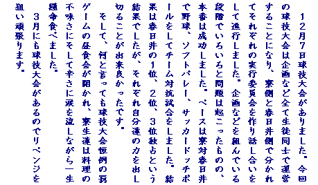 �e�L�X�g �{�b�N�X: �P�Q���V�����Z������܂����B����̋��Z���͊��ȂǑS�Đ��k���m�ŉ^�c���邱�ƂɂȂ�A�����Ət���䑤�ŕ�����Ă��ꂼ��̎��s�ψ�������b�����������Đi�s���܂����B���Ȃǂ�g��ł���i�K�ł��낢��Ɩ��͋N���������̂́A�{�Ԃ͐������܂����B�x�[�X�͗��Ώt����Ŗ싅�A�\�t�g�o���[�A�T�b�J�[�h�b�`�{�[�������ă`�[���΍R���������܂����B���ʂ͏t����̂P�ʁA�Q�ʁA�R�ʓƐ�Ƃ������ʂł������A���ꂼ�ꎩ���B�̗͂��o���؂邱�Ƃ��o���ǂ������ł��B
�����āA���ƌ����Ă����Z���P��̔��Q�[���̒��H��J����A�����B�͗����̕s�����ɂ����Đh���ɗ܂𗬂��Ȃ���ꐶ�����H�ׂ܂����B
�R���ɂ����Z������̂Ń��x���W��_���撣��܂��B
