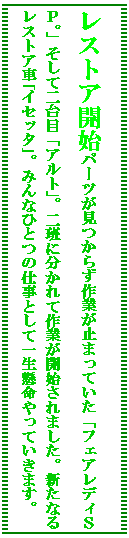 �e�L�X�g �{�b�N�X: ���X�g�A�J�n�p�[�c�������炸��Ƃ��~�܂��Ă����u�t�F�A���f�B�r�o�B�v�����ē��ځu�A���g�v�B��ǂɕ�����č�Ƃ��J�n����܂����B�V���Ȃ郌�X�g�A�Ԣ�C�Z�b�^��B�݂�ȂЂƂ̎d���Ƃ��Ĉꐶ��������Ă����܂��B