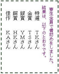 �e�L�X�g �{�b�N�X: �����S���ŏ����߂����܂����B
�@���ʂ́A�ȉ��̂Ƃ���ł��B
�@�@���I�@�@�s�j����@�@�@�@�@�@�@�@�@�@�@�@�@
�@�@���܁@�@�s�r����@�@�@�@�@�@�@�@�@�@
�@�@��܁@�@�x�l����@�@�@�@�@�@�@�@�@�@
�@�@���܁@�@�g�j����@�@�@�@�@�@�@�@�@
�@�@����@�@�j�`����
