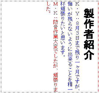 �e�L�X�g �{�b�N�X:  
�j�E�x�F�W���R���܂Ŏc��ꃖ���ł����A�������c��Ȃ��悤�ɏo���邱�Ƃ𐸈�t�撣�肽���Ǝv���܂��B
�l�E�j�F�h����Ƒ�ςł������A�撣��܂����B



