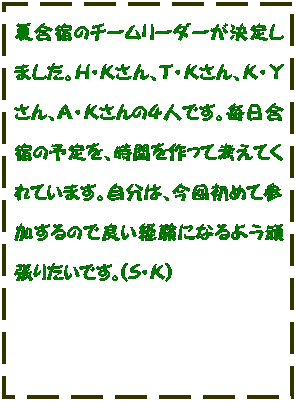 �e�L�X�g �{�b�N�X: �č��h�̃`�[�����[�_�[�����肵�܂����B�g�E�j����A�s�E�j����A�j�E�x����A�`�E�j����̂S�l�ł��B�������h�̗\����A���Ԃ�����čl���Ă���Ă��܂��B�����́A���񏉂߂ĎQ������̂ŗǂ��o���ɂȂ�悤�撣�肽���ł��B(�r�E�j)