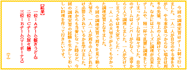 �e�L�X�g �{�b�N�X: ����̒������K�̓`�[�����ōs���܂����B��l��l�������̂�鎖���������A��鎖��������Ȃ��ꍇ�͎���̐�y�A�N��̐l�������Ă���܂����B�Ȃ��ɂ̓X���[�Y�ɒ������o�����`�[����A����t�ŗ��G�ɒ��������Ă��܂����`�[���ȂǗl�X�ł����B�����̃`�[���̓����o�[�����Ȃ��A�r������Q�l�Œ������܂����B��l�������Ă��܂��Ƃ�͂��ςł����E�E
��l��l�̑�؂����ƂĂ����������������K�ƂȂ�܂����B
����̒������K�Ŏ�������ē�����؂��A��l��l������̐l�ɂǂꂾ���K�v�Ƃ���Ă��邩���w�т܂����B
���ꂩ������ԂɂȂ������ȂǁA����̒������K�̌o���𐶂����Ă�����������������čs�������ł��B


�y���ʁz
�@�@��ʁc�`�`�[��(�Ă����ǂ�)
�@�@��ʁc�b�`�[��(�R�X��)
�@�@�O�ʁc�a�`�[��(�}�[�{�[�i�X)

�@�@�@�@�@�@�@�@�@�@�@�@�@(�s)

