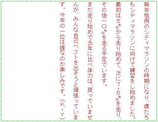 �e�L�X�g �{�b�N�X: ���N�P��̃V�e�B�}���\���̎����ɂȂ�A�l�������V�e�B�}���\���Ɍ����ė��K�����n�߂܂����B�ŏ��͂T�`���瑖��n�߂āA���ɂV�E�T�`�𑖂�A���̌��Z�`�𑖂�\��ł��܂��B
�܂�����n�߂ŋ��N�ɔ�ב̗͂́A�߂��Ă��܂��񂪁A�݂�Ȏ��ȃx�X�g���o�����Ɗ撣���Ă��܂��B���N�̈�ʂ͒N�Ȃ̂��y���݂ł��B�i�j�E�x�j
