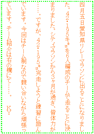 �e�L�X�g �{�b�N�X: �l���ܓ����m�������[�}���\���ɏo�邱�ƂɂȂ�܂����B�S�Q�E�P�X�T�L�`���U�l�Ґ��̃`�[���ő��邱�ƂɌ��܂�܂����B�V�e�B�}���\������R�������߂��A�F�̗͂��c�c�B�ł����A�S�Q�E�P�X�T�`�������悤�Ɨ��K�ɗ��ł��܂��B����̓`�[�����Ȃ̂ŋ��������Ȃ���撣���Ă��܂��B�`�[���Љ�͉E�̗��ɂāc�c�B�@�@�j�x


