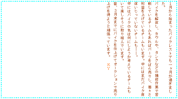 �e�L�X�g �{�b�N�X: �P������n�܂����o�C�N���X�g�A���ꃖ�����߂��܂����B
�o�C�N����̂��A�J�E����A�^���N�Ȃǂ̕�C��Ƃŋ�킵�Ă���`�[��������΃p�[�c���΂甄�肵�A���X�Ɨ��v���グ�Ă���`�[�������܂��B���ɂ͂܂��o�C�N���̂������Ă��Ȃ��`�[�����c�c�B
���ɂ̓o�C�N�̐F�͉��ɂ��悤���l���Ă���`�[�������Ċy�������Ɏ��g��ł��܂��B
�F�A�R�����܂łɃo�C�N���d�グ�ăI�[�N�V�����Ŕ���グ�𓾂悤�Ɗ撣���Ă��܂��B�@�j�x
